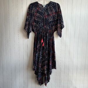 Charlie Jade size S midi dress 100% silk navy colorful handkerchief hem boho